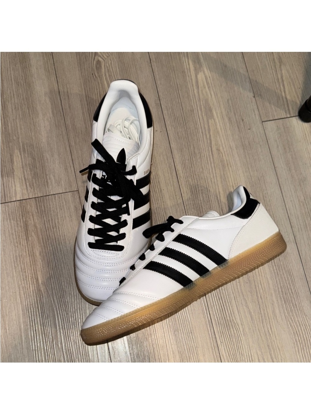 adidas White Sneakers with Black Stripes and Gum Sole